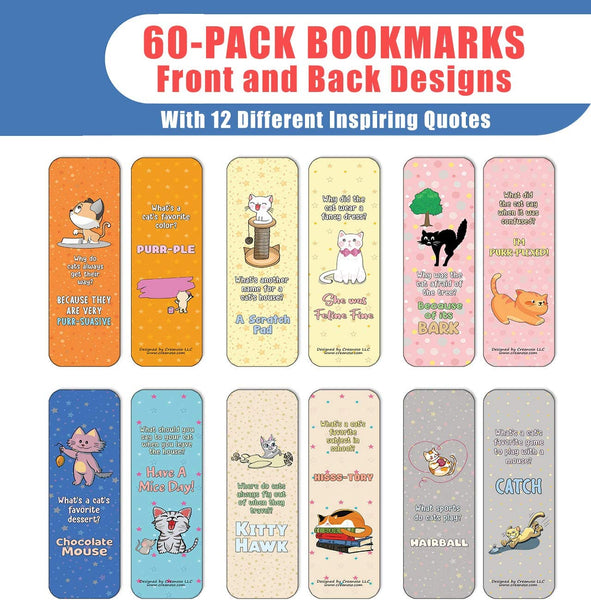 Creanoso Funny Cat Jokes Bookmarks Series 1 (60-Pack) - Premium Quality Gift Ideas for Children, Teens, & Adults for All Occasions - Stocking Stuffers Party Favor & Giveaways
