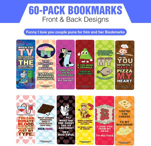 Creanoso Funny I love you couple puns for him and her Bookmarks (10-Sets X 6 Cards) â€“ Daily Inspirational Card Set â€“ Interesting Book Page Clippers â€“ Great Gifts for Adults and Teens