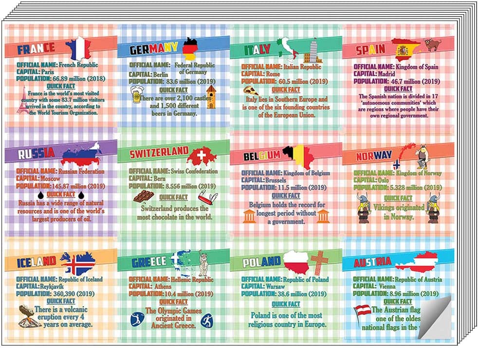 Creanoso European Countries Fact Stickers (10-Sheet) â€“ Total 120 pcs (10 X 12pcs) Individual Small Size 2.1 x 2. Inches , Waterproof, Unique Personalized Themes Designs, Any Flat Surface DIY Decoration Art Decal for Boys & Girls, Children, Teens