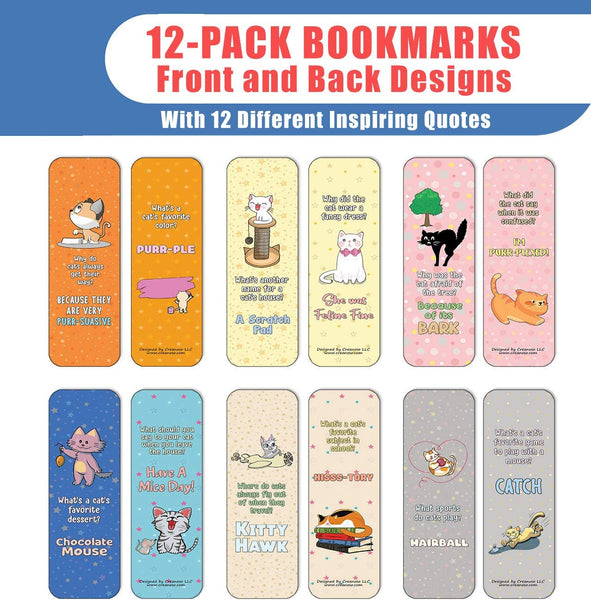 Creanoso Funny Cat Jokes Bookmarks Series 1 (12-Pack) - Stocking Stuffers Premium Quality Gift Ideas for Children, Teens, & Adults - Corporate Giveaways & Party Favors