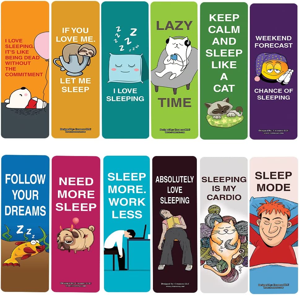Creanoso Cute I love sleeping Bookmarks (10-Sets X 6 Cards) â€“ Daily Inspirational Card Set â€“ Interesting Book Page Clippers â€“ Great Gifts for Kids and Teens