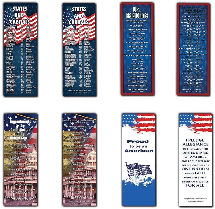 American Patriotic Bookmarks Cards (12-Pack) - States and Capitals - US Presidents Updated - Proud to be an American - Pledge of Allegiance - Constitution Amendments - Page Markers 4th of July Gifts