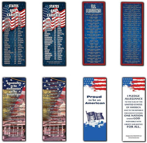American Patriotic Bookmarks Cards (12-Pack) - States and Capitals - US Presidents Updated - Proud to be an American - Pledge of Allegiance - Constitution Amendments - Page Markers 4th of July Gifts