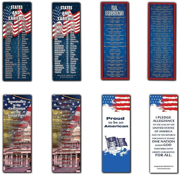 American Patriotic Bookmarks Cards (12-Pack) - States and Capitals - US Presidents Updated - Proud to be an American - Pledge of Allegiance - Constitution Amendments - Page Markers 4th of July Gifts