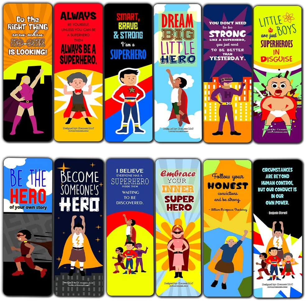 Creanoso Motivational Superhero Sayings Bookmarks for Kids (30-Pack) - Stocking Stuffers Gift Ideas for Children Ã¢â‚¬â€œ Book Reading Supplies Ã¢â‚¬â€œ Cool Giveaways for Boys and Girls Ã¢â‚¬â€œ Great Book Page Clippers
