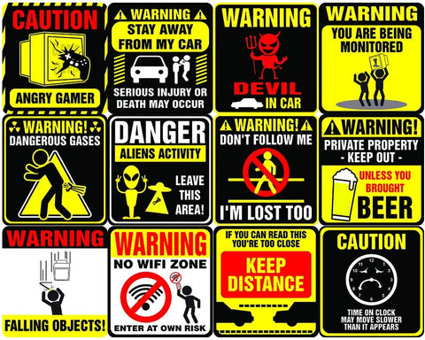 Funny warning signs Stickers - 12 Designs x 1 Set (12 pcs)