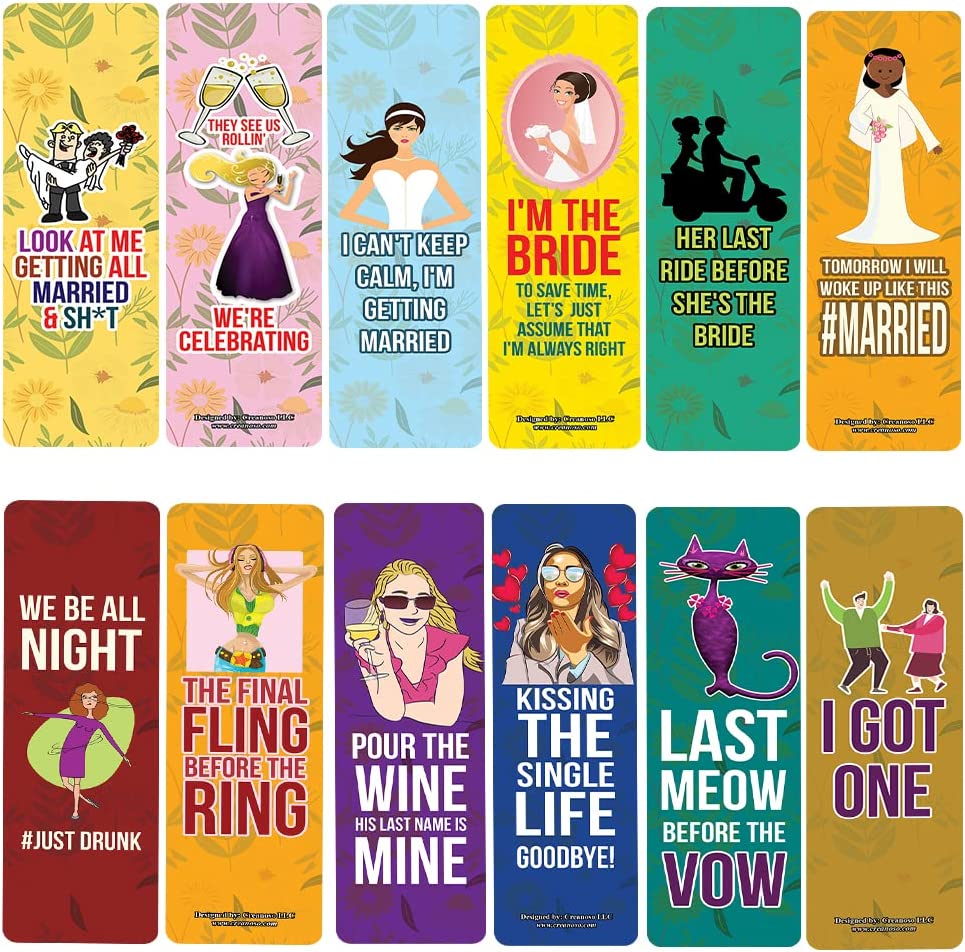 Creanoso Funny Bridal Shower Bookmarks (2-Sets X 6 Cards) â€“ Daily Inspirational Card Set â€“ Interesting Book Page Clippers â€“ Great Gifts for Adults and Teens