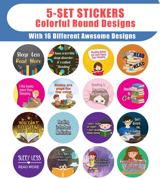 Creanoso Read More Sleep Less Round Stickers (5 Sets X 16 Designs) â€“ Sticker Card Giveaways for Kids â€“ Awesome Stocking Stuffers Gifts for Boys & Girls â€“ Classroom Home Rewards Enticements