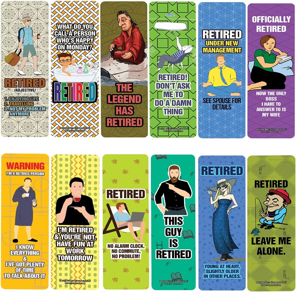 Creanoso Funny Retired Bookmarks (2-Sets X 6 Cards) â€“ Daily Inspirational Card Set â€“ Interesting Book Page Clippers â€“ Great Gifts for Adults and Teens