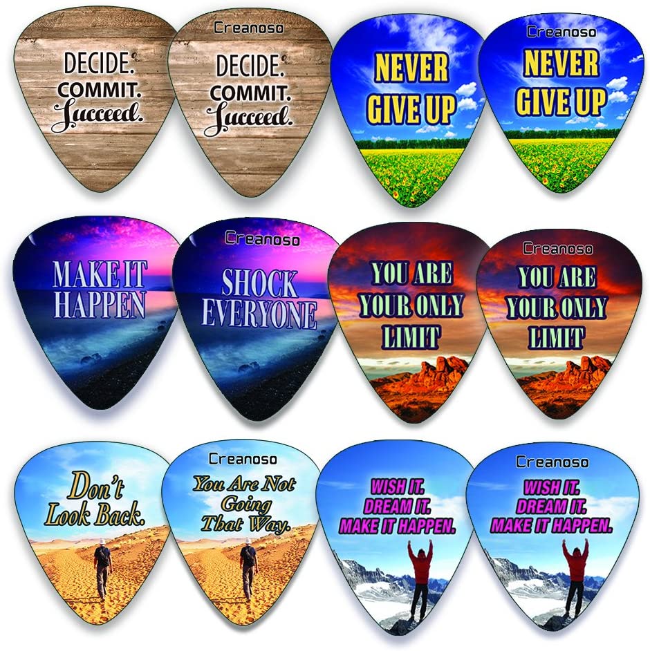 Creanoso Cool Guitar Picks (12-Pack) - Inspirational Success Quotes Unique for Men Him Boyfriend husband Her wife Girls - Stocking Stuffers for Christmas New Year Birthday Party Favors