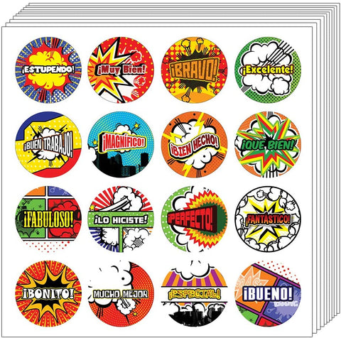 Creanoso Spanish Comic Praise Stickers (10-Sheet) â€“ Awesome Stocking Stuffers Gifts for Kids, Boys & Girls, Teens â€“ Wall Table Surface DÃ©cor Art Decal Bulk Pack