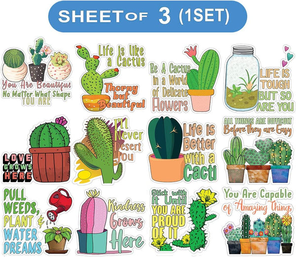 Creanoso Cactus and Succulent Stickers - 12 Stickers (3-Sheets) - Stocking Stuffers Premium Quality Gift Ideas for Children, Teens, & Adults - Corporate Giveaways & Party Favors