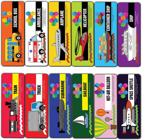 Transportation Vocabolary Bookmarks (60-Pack)-Assorted Designs for Kids - Classroom Reward Incentives for Students - Stocking Stuffers Party Favors & Giveaways