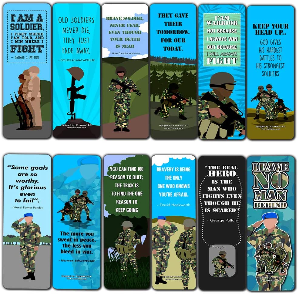 Creanoso Patriotic Army Bookmarks (12-Pack) Ã¢â‚¬â€œ Premium Gift Collection Set Ã¢â‚¬â€œ Stocking Stuffers Ideas for Soldiers, Veterans, Adult Men Ã¢â‚¬â€œ Six Bulk Assorted Bookmarks Designs Ã¢â‚¬â€œ Military Giveaway Tokens