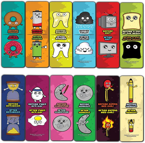 Cute Before and After Illustration Bookmarks (60-Pack) -Learning Reading Bookmarks Collection Set ÃƒÂ¢Ã¢â€šÂ¬Ã¢â‚¬Å“ Stocking Stuffers for Boys, Girls, Kids ÃƒÂ¢Ã¢â€šÂ¬Ã¢â‚¬Å“ Classroom Incentives - Gift Tokens