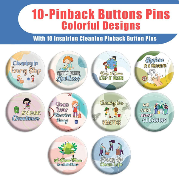 Creanoso Clean Up Badge Pinback buttons (1-Set X 10 Buttons) - Stocking Stuffers Premium Quality Gift Ideas for Children, Teens, & Adults - Corporate Giveaways & Party Favors