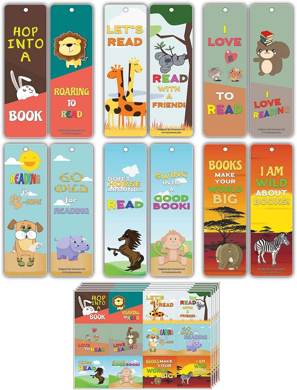 Creanoso Animal Good Reading Habit Bookmarks (60-Pack) + 5 Sheet Stickers Bundle - Reward Gifts