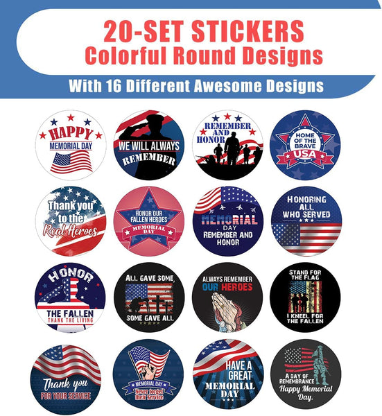 Creanoso Memorial Holiday Stickers (20 Sets X 16 Designs) â€“ Sticker Card Giveaways for Kids â€“ Awesome Stocking Stuffers Gifts for Boys & Girls â€“ Classroom Home Rewards Enticements