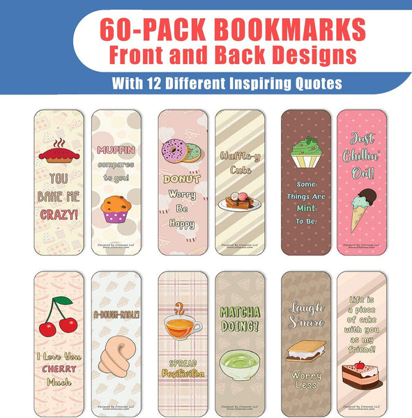 Creanoso Funny Sweet Desserts Puns Bookmarks (60-Pack) - Premium Quality Gift Ideas for Children, Teens, & Adults for All Occasions - Stocking Stuffers Party Favor & Giveaways