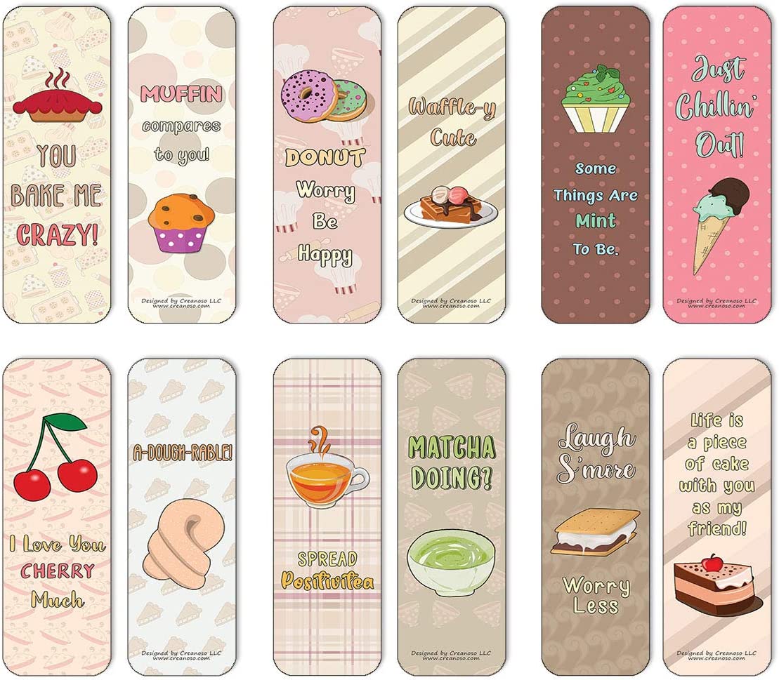 Creanoso Funny Sweet Desserts Puns Bookmarks (60-Pack) - Premium Quality Gift Ideas for Children, Teens, & Adults for All Occasions - Stocking Stuffers Party Favor & Giveaways