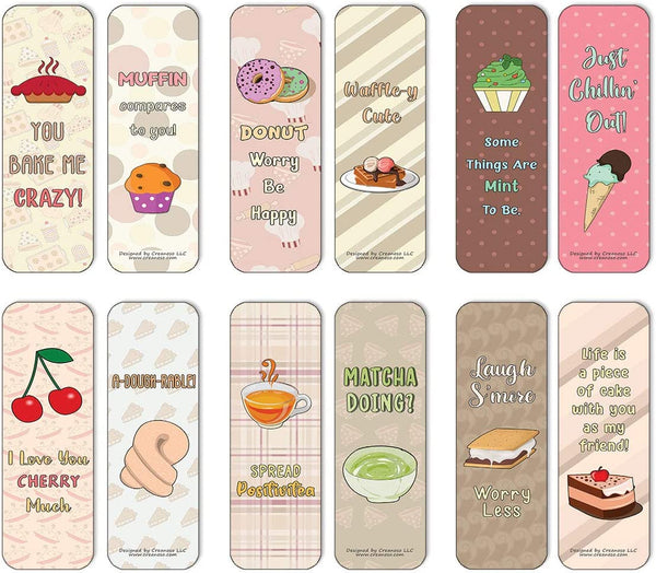 Creanoso Funny Sweet Desserts Puns Bookmarks (60-Pack) - Premium Quality Gift Ideas for Children, Teens, & Adults for All Occasions - Stocking Stuffers Party Favor & Giveaways