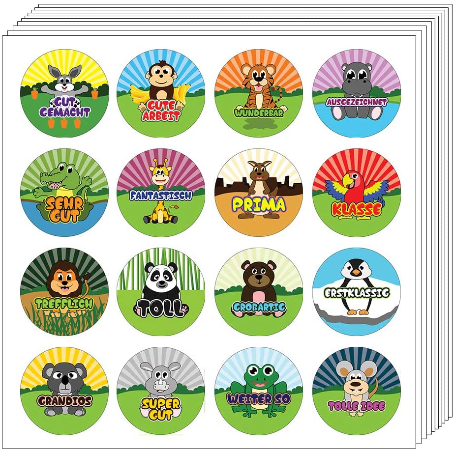 Creanoso Kids German Reward Praise Stickers - Animals (10-Sheets) â€“ Positive Rewards Incentives for Children â€“ Great Stocking Stuffers Educational Languages Sticky Cards â€“ Unique Token Giveaways