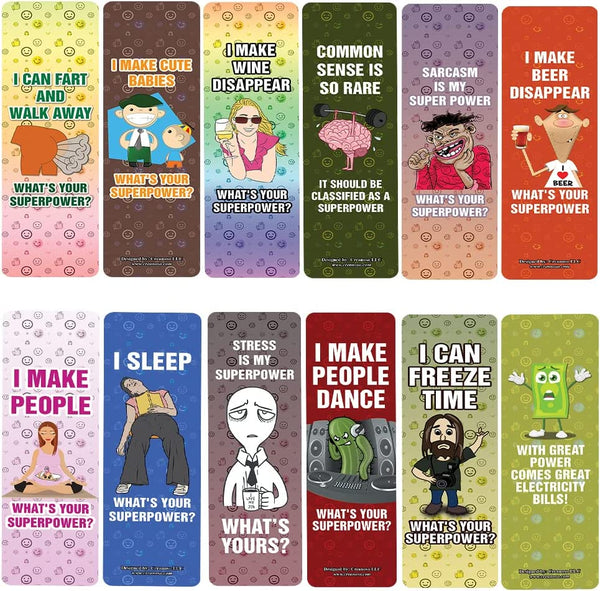 Creanoso Funny What's your Superpower Bookmarks (10-Sets X 6 Cards) â€“ Daily Inspirational Card Set â€“ Interesting Book Page Clippers â€“ Great Gifts for Kids and Teens