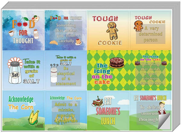 Creanoso Funny Food Idioms Stickers Series II (10-Sheet) â€“ Total 120 pcs (10 X 12pcs) Individual Small Size 2.1 x 2. Inches , Waterproof, Unique Personalized Themes Designs, Any Flat Surface DIY Decoration Art Decal for Boys & Girls, Children, Teens