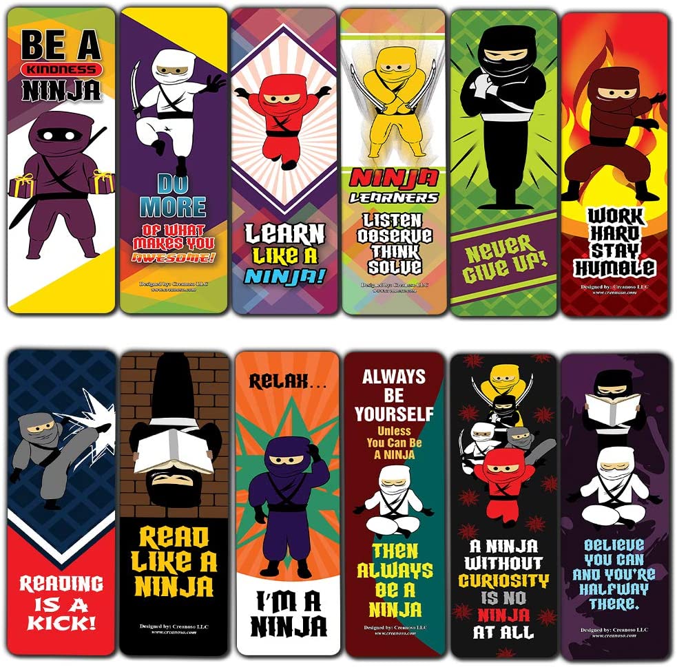 Ninja Bookmarks Cards (60-Pack) - Unique Stocking Stuffers Gifts for Boys & Girls, Unisex Adults - Cool Book Page Clippers Collection Set for Kids - Awesome Giveaways