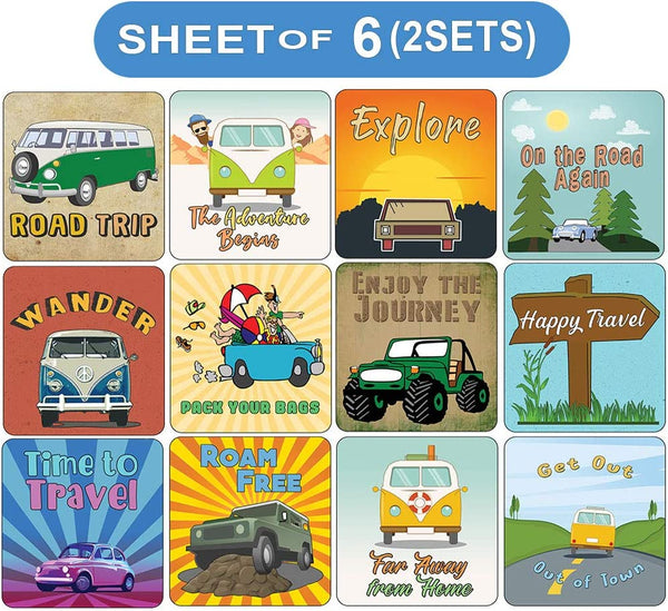 Creanoso Road Trip Stickers - 12 Stickers x 2 Sets (6-Sheets) - Classroom Reward Incentives for Students and Children - Stocking Stuffers Party Favors & Giveaways for Teens & Adults