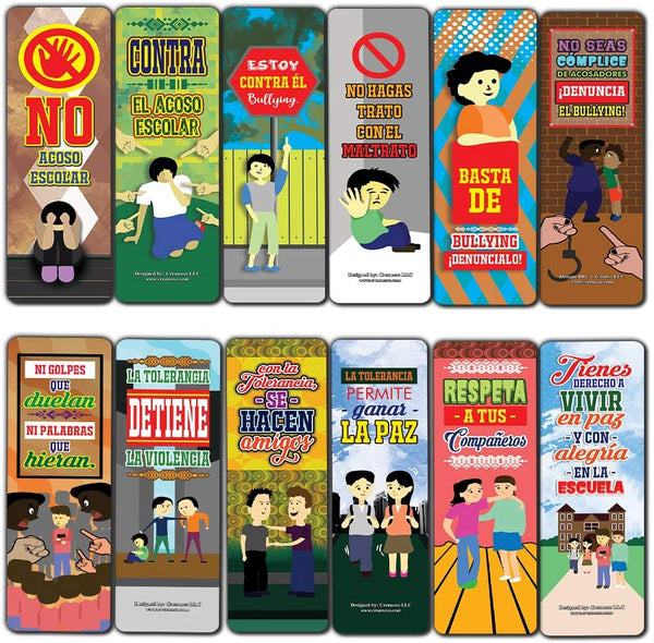Creanoso Spanish Anti Bullying No Acoso Escolar Bookmarks (30-Pack) - Inspirational and Motivational Sayings Bookmarker Cards Ã¢â‚¬â€œ Assorted Pack Collection for Inspiring Book Reader and Lovers