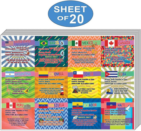Creanoso Fun Facts Stickers â€“ The Americas Countries (20-Sheets) â€“ Great Learning Wall Art Decal Stickers â€“ Stocking Stuffers Gifts for Kids, Boys, Girls â€“ Unique Sticky Giveaways