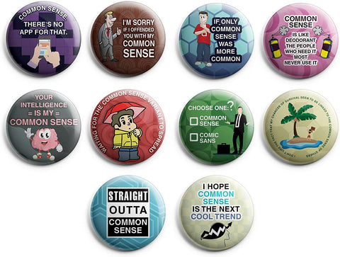 Creanoso Funny Common Sense Button Pins (1-Set X 10 Buttons) - Stocking Stuffers Premium Quality Gift Ideas for Children, Teens, & Adults - Corporate Giveaways & Party Favors