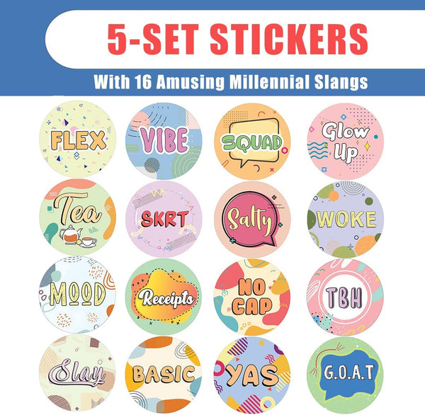 Creanoso Funny Millennial Slangs Stickers (5 Sets X 16 Designs) â€“ Sticker Card Giveaways for Kids â€“ Awesome Stocking Stuffers Gifts for Boys & Girls â€“ Classroom Home Rewards Enticements