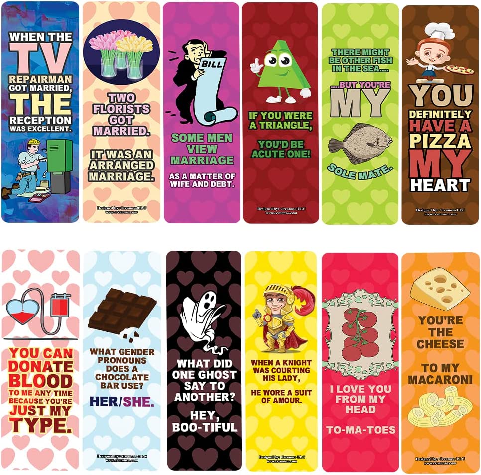 Creanoso Funny I love you couple puns for him and her Bookmarks (5-Sets X 6 Cards) â€“ Daily Inspirational Card Set â€“ Interesting Book Page Clippers â€“ Great Gifts for Adults and Teens