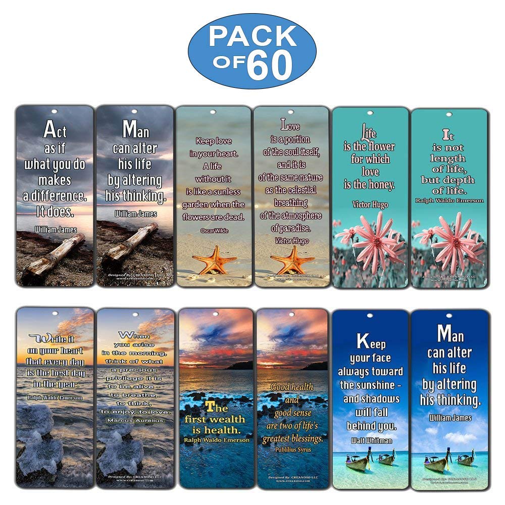 Creanoso Inspirational Bookmarks (60-Pack) - Life Changing Quotes Bookmarker Set