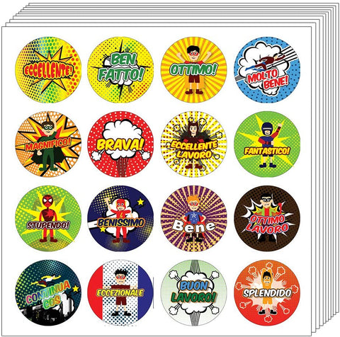 Creanoso Kids Italian Merit Reward Stickers - Superhero Comic (10-Sheets) â€“ Inspiring Encouraging Saying Quotes Assorted Wall Stickers â€“ Gift Rewards Ideas â€“ Awesome Sticker Set