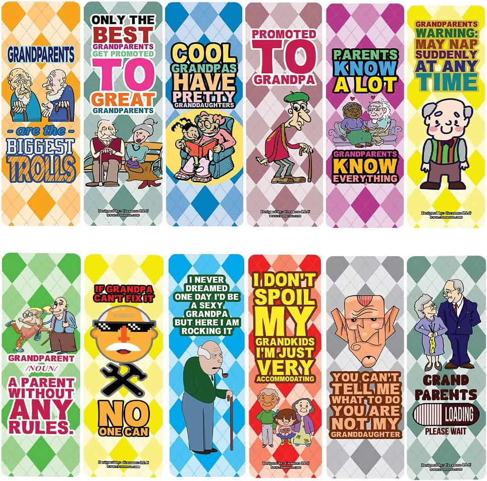 Creanoso Funny Grandparents Bookmarks (10-Sets X 6 Cards) â€“ Daily Inspirational Card Set â€“ Interesting Book Page Clippers â€“ Great Gifts for Adults and Teens