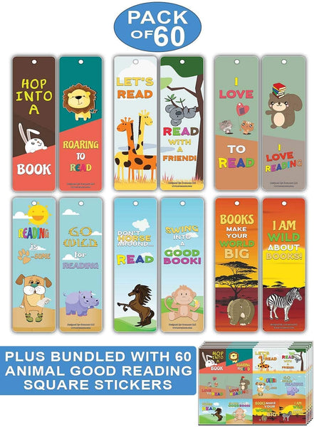 Creanoso Animal Good Reading Habit Bookmarks (60-Pack) + 5 Sheet Stickers Bundle - Reward Gifts