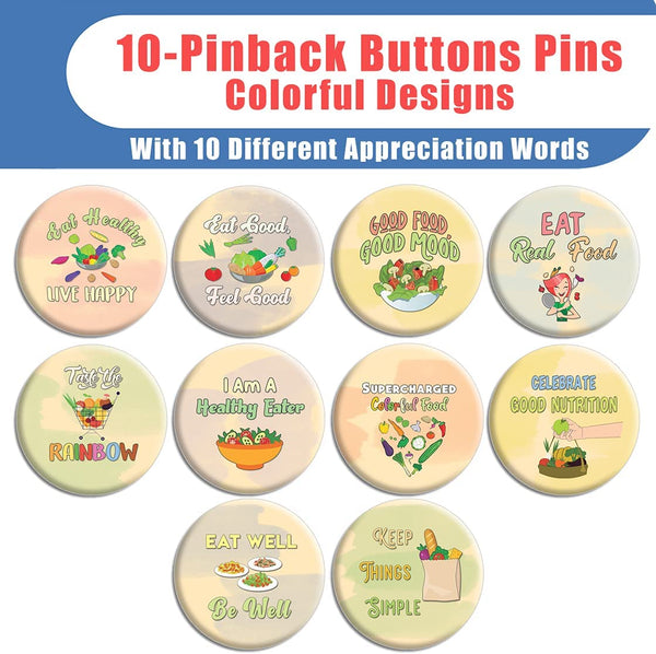 Live Healthy Pinbuttons (1 Set x 10 Designs) - Premium Quality Incentive Gift Ideas for Friends and Family