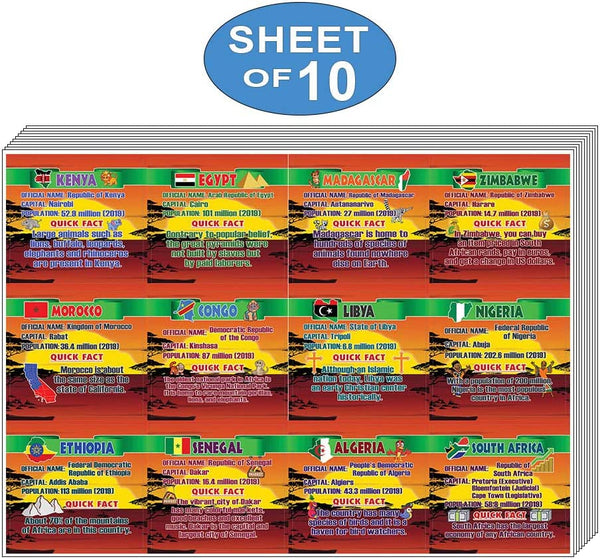 Creanoso African Countries Fact Stickers (10-Sheet) â€“ Total 120 pcs (10 X 12pcs) Individual Small Size 2.1 x 2. Inches , Waterproof, Unique Personalized Themes Designs, Any Flat Surface DIY Decoration Art Decal for Boys & Girls, Children, Teens
