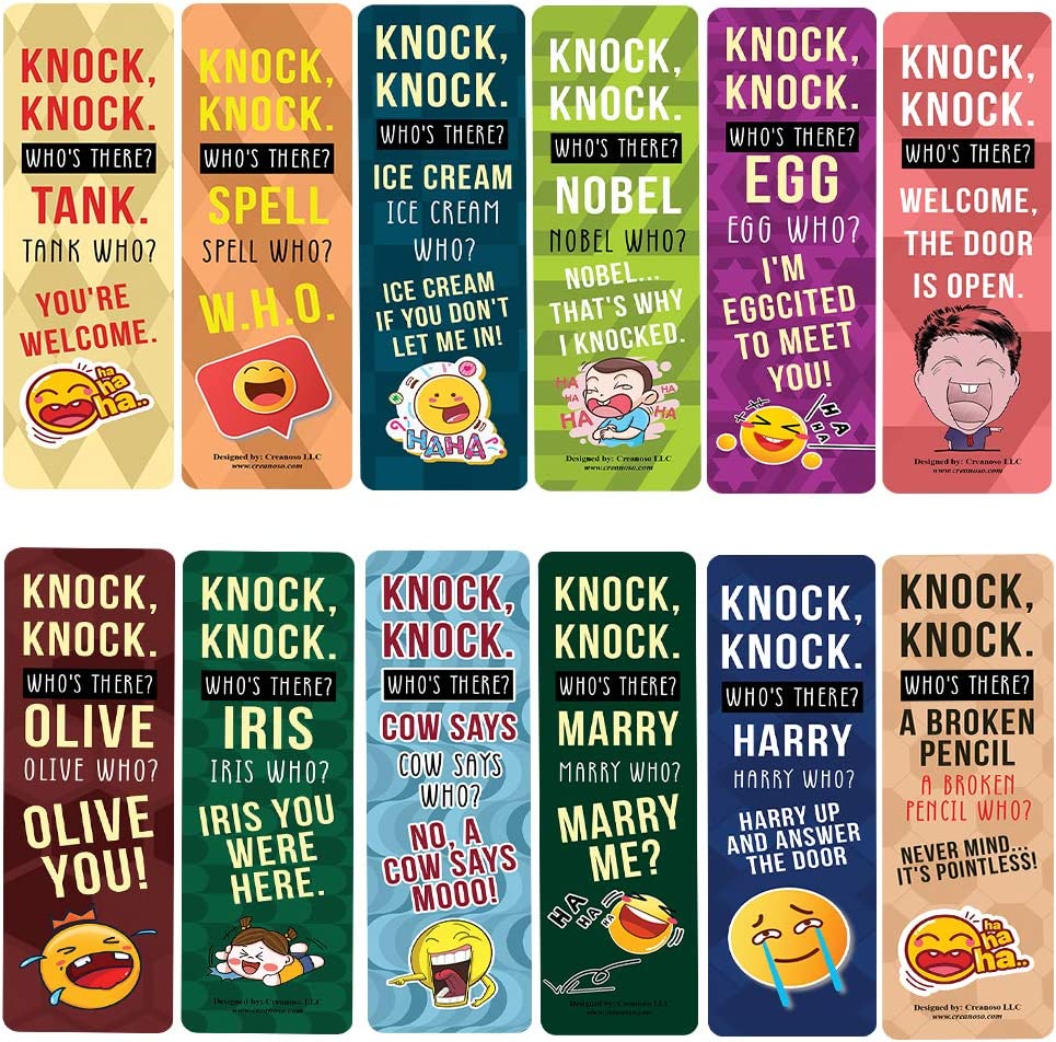 Knock Knock Jokes Bookmarks (60 Pack) - Great Party Favors Card Lot Set â€“ Epic Collection Set Book Page Clippers â€“ Cool Gifts for Children, Boys, Girls