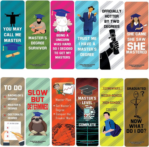 Creanoso Funny Master Degree Graduation Bookmarks (5-Sets X 6 Cards â€“ Daily Inspirational Card Set â€“ Interesting Book Page Clippers â€“ Great Gifts for Kids and Teens