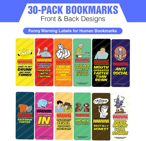 Funny Warning Labels for Human Bookmarks (5-Sets X 6 Cards)