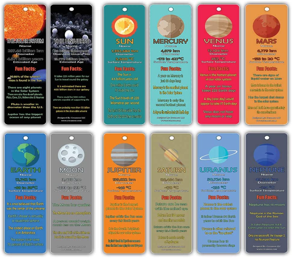 Outer Space Planets Universe Fun Facts Bookmark Cards (30-Pack) - Astronomy Sun Venus Mars Earth Moon Jupiter Saturn Uranus Neptune - Astrophysics Party Favors - Teacher Classroom Incentive Giveaways