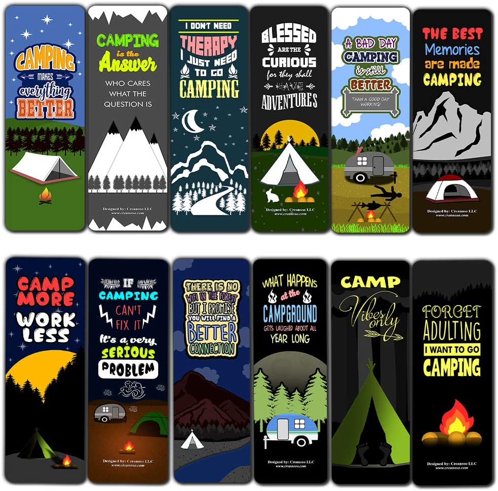 Creanoso Camping Bookmarks (60-Pack) ÃƒÂ¢Ã¢â€šÂ¬Ã¢â‚¬Å“ Bookmarker Cards Bulk Set ÃƒÂ¢Ã¢â€šÂ¬Ã¢â‚¬Å“ Premium Gift for Men & Women, Adults ÃƒÂ¢Ã¢â€šÂ¬Ã¢â‚¬Å“ Giveaway Tokens Gift Ideas ÃƒÂ¢Ã¢â€šÂ¬Ã¢â‚¬Å“ Camper Rewards Incentives Book Clippers