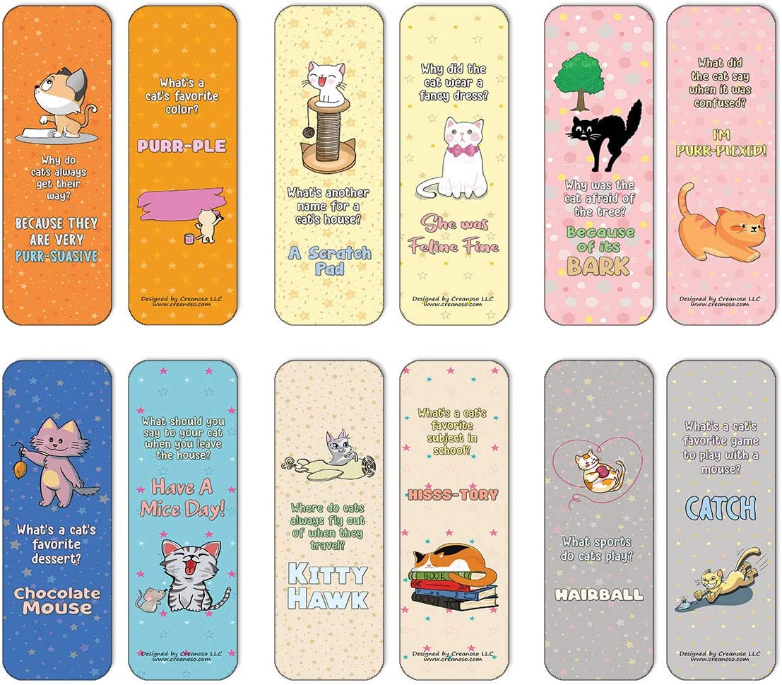 Creanoso Funny Cat Jokes Bookmarks Series 1 (30-Pack) - Reward Incentives for Students and Children - Stocking Stuffers Party Favors & Giveaways for Teens & Adults