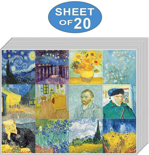 Van Gogh Famous Paintings Stickers - 20 Sheets - Artistic Inspiring Wall Stickers for Men, Women, Teens. Great to Stick on Laptops, Walls, Table, Desk, and Any Surfaces â€“ Cool Gift Token Giveaways