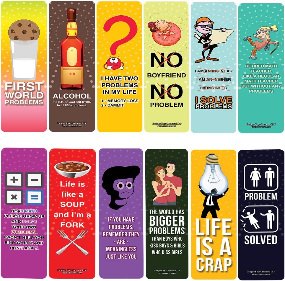 Creanoso Funny Problems in Life Bookmarks (10-Sets X 6 Cards) â€“ Daily Inspirational Card Set â€“ Interesting Book Page Clippers â€“ Great Gifts for Adults and Teens