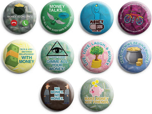 Creanoso Funny Money Button Pins (1-Set X 10 Buttons) - Stocking Stuffers Premium Quality Gift Ideas for Children, Teens, & Adults - Corporate Giveaways & Party Favors